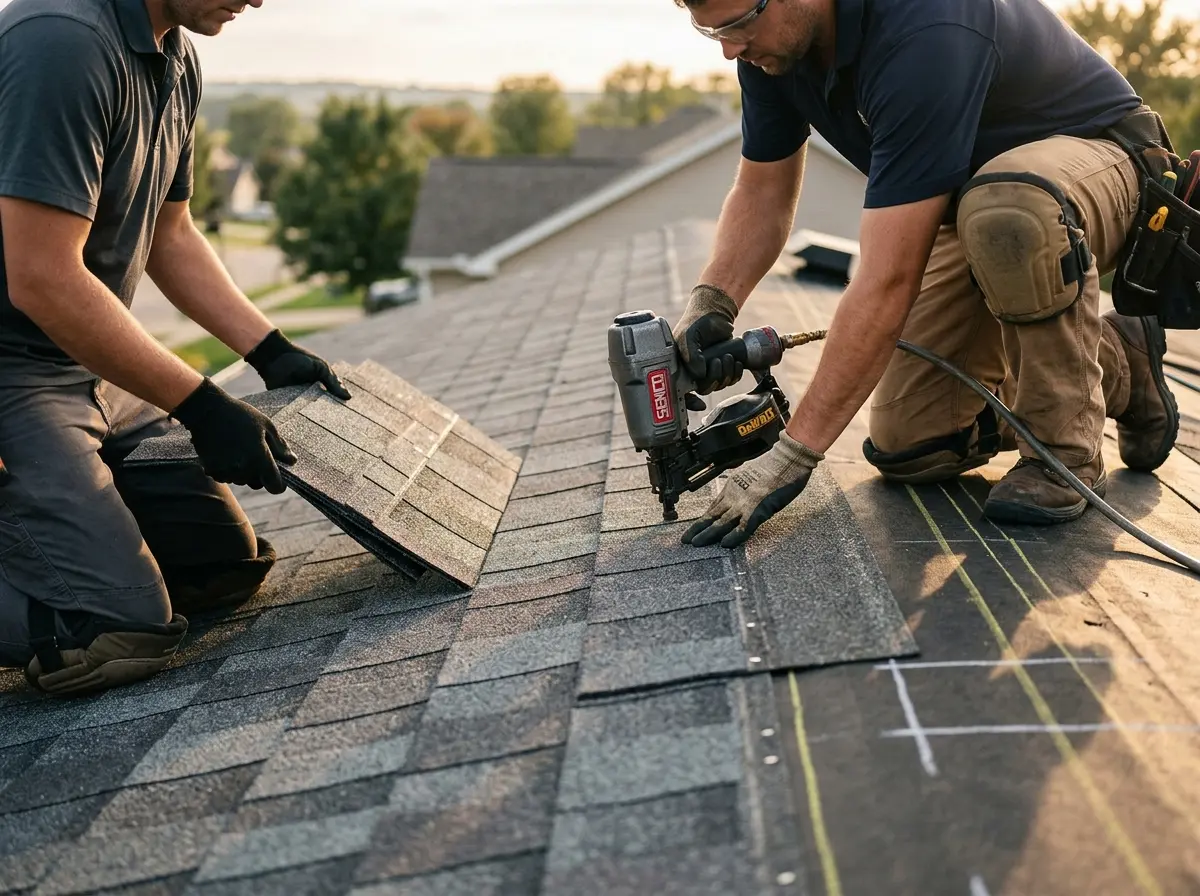 Professional roofer working on a residential roof in Kearny